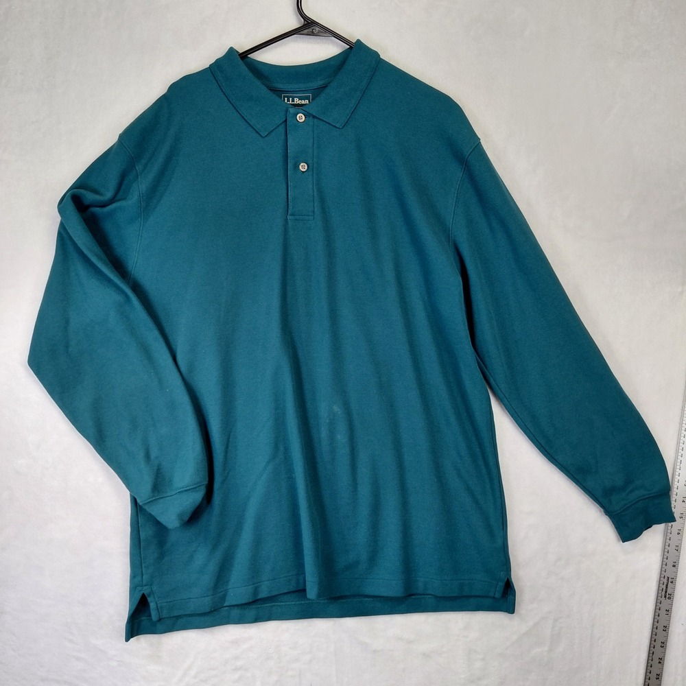 LL Bean Mens Long Sleeve Polo Shirt Teal Blue Green Cotton Pique L REG 236477